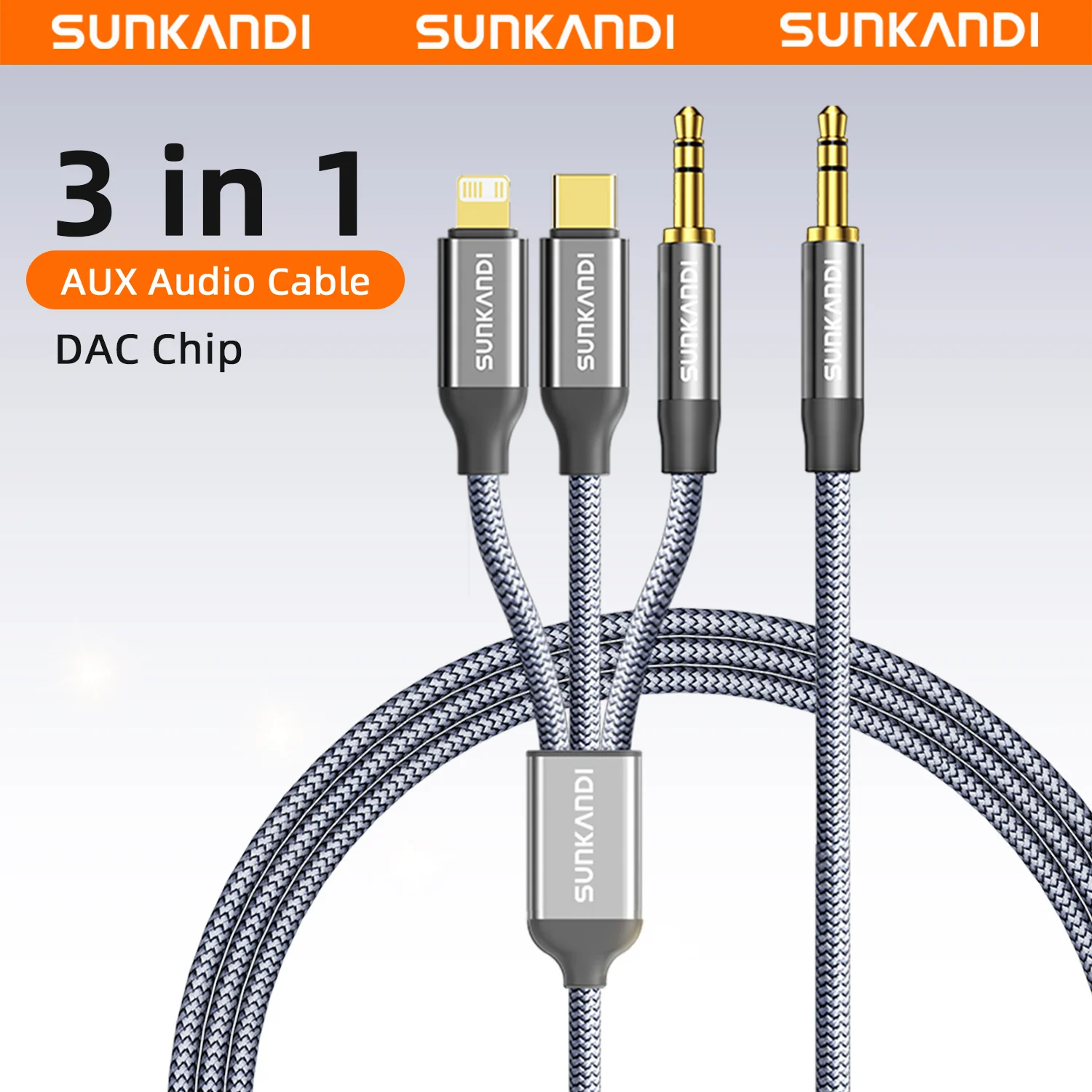 SUNKANDI  3 in 1 3.5mm to IP+3.5mm+USB-C Audio Cable Adapter for iPhone iPad Car Speaker Male to Male USB-C Converter Cable