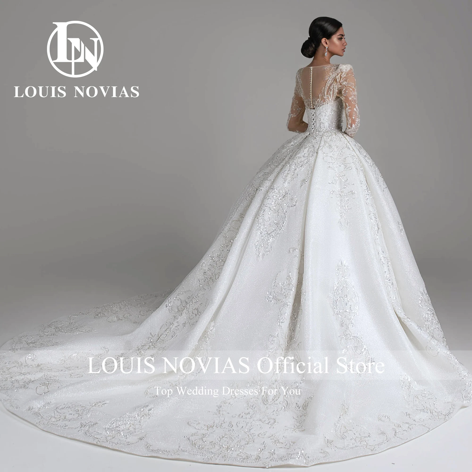 LOUIS NOVIAS Ball Gown Wedding Dresses Long Sleeve Invisible Neckline Embroidery Sparkling Wedding Gown Vestidos De Novia