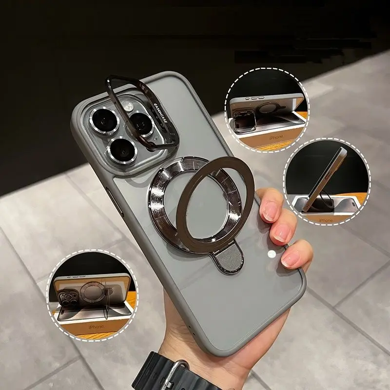 Luxury Magnetic Metal Ring Bracket Phone Case For iPhone 15 14 13 11 12 Pro Max With Lens Stand Transparency PC Acrylic Cover