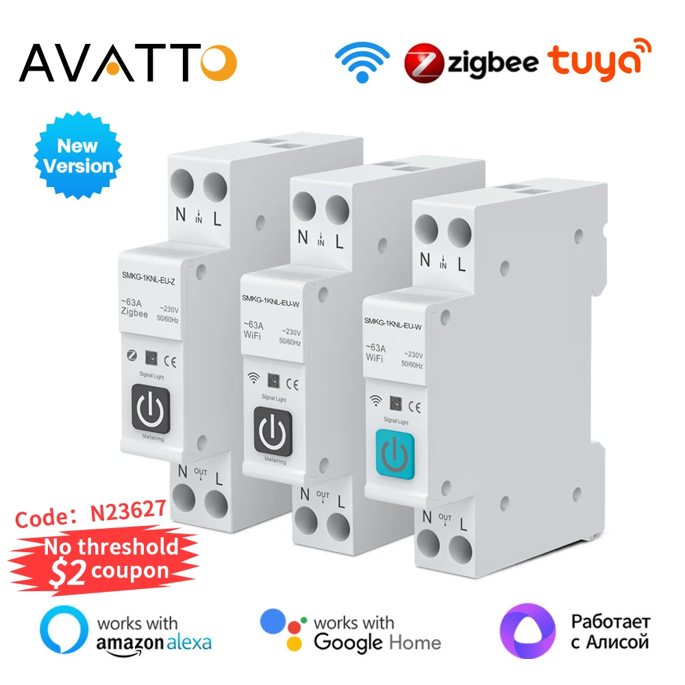 AVATTO Tuya WiFi/ZigBee Smart Circuit Breaker With Metering 1P 63A Rail For Smart Home Wireless Remote Control Switch For App