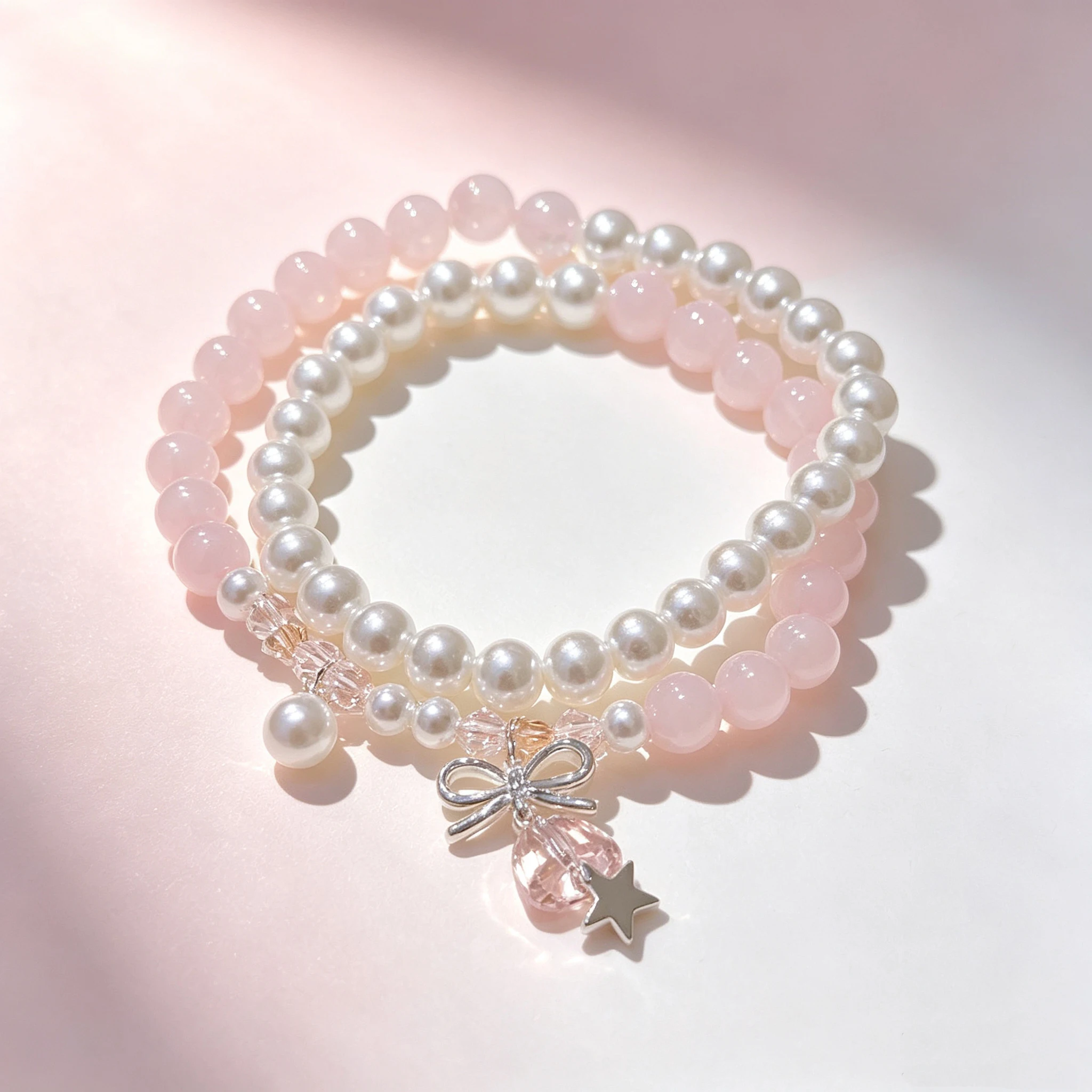 Gentle Double Loop Pearls Pink Crystal Bracelet for Women Bow Star Wind Bell Charm Wristband Delicate Elegant Daily Hand Jewelry