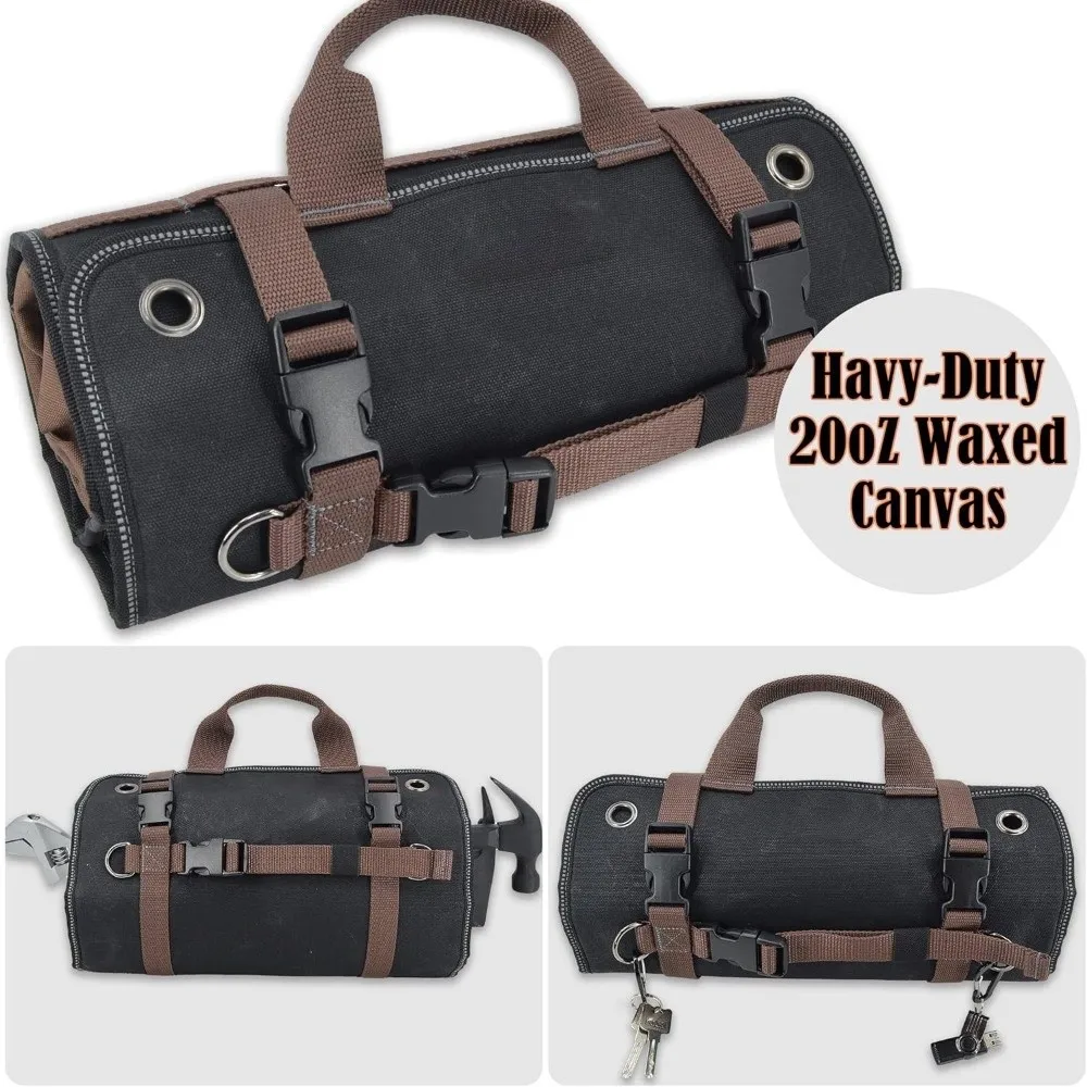 15 Pockets Tool Roll Up Bag Waxed Canvas Foldable Design Canvas Tool Organizer Multi Zipper Waterproof Waterproof Tool Wrap