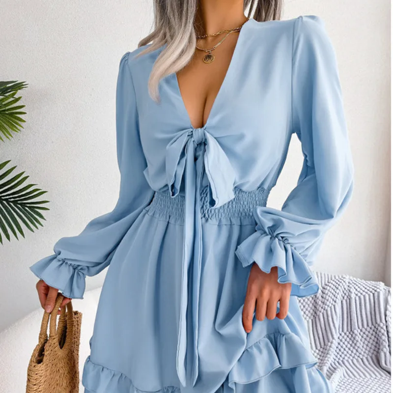 

Spring Summer Ladies Casual Lace-up Waist Waist Wooden Ear Edge Swing Dress Spice Cute Holiday Commuter Temperament Female Skirt