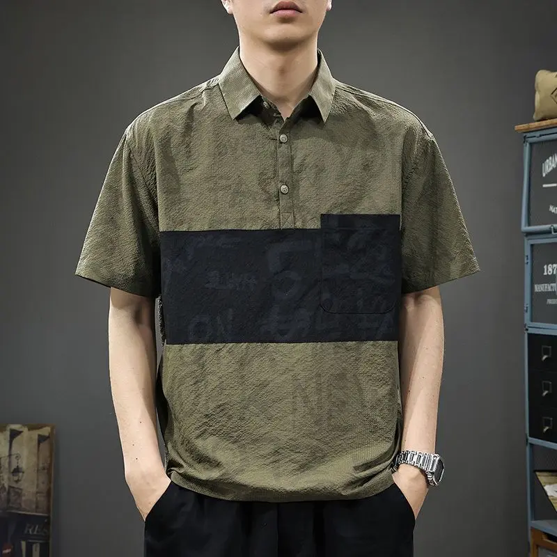 

2026 New Men's Loose Design Polo Shirt Fashion Turn-Down Collar Summer Lightweight Contrast Color Short Sleeve Top