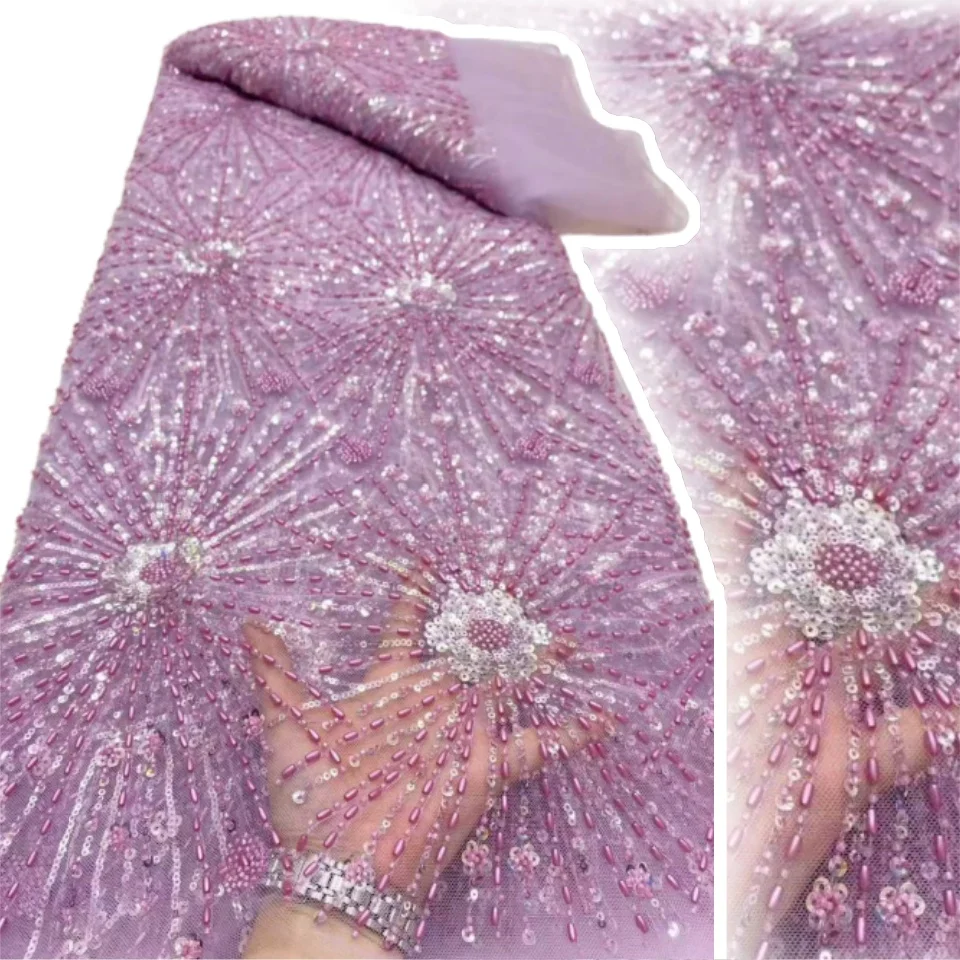 

Purple Luxurious African Beaded Net Mesh Pink Lace Fabric with 2025 Sequins French Tulle Fabric Wedding Party Dresses AH1344
