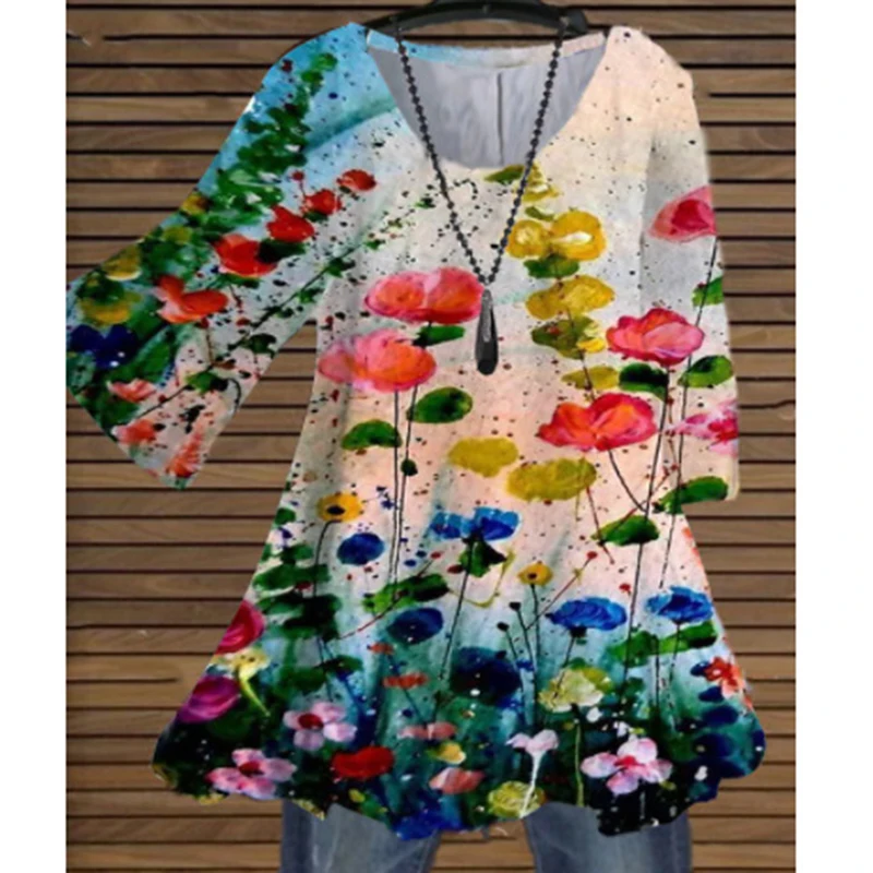 New Arrival Multi-color Floral Print Cool V-neck Seven-quarter Sleeve Loose Women's Top Chiffon Shirt Ladies Fashion T-shirts