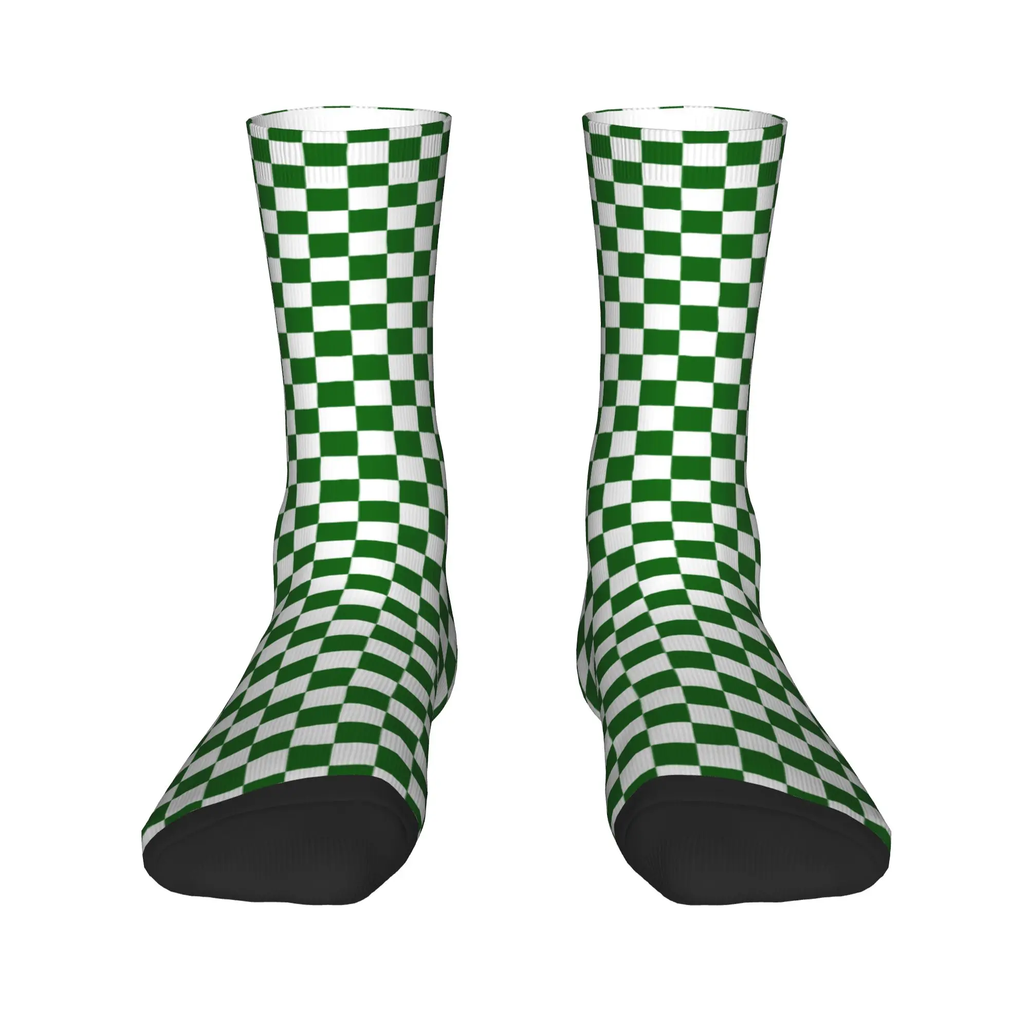 

Checkered White and Dark Green Checkerboard Plaid Mens Crew Socks Unisex Cool Spring Summer Autumn Winter Dress Socks