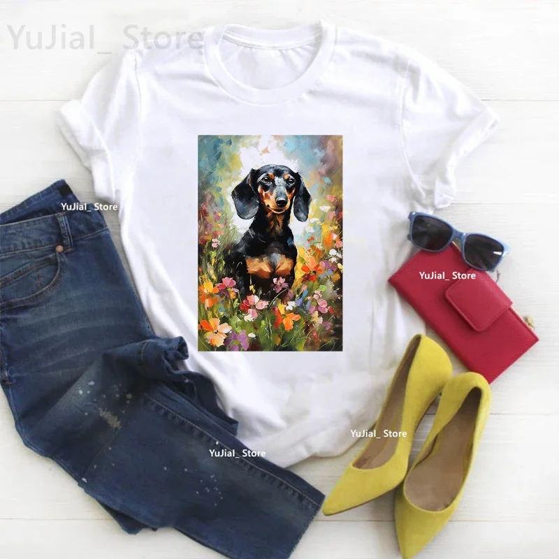 

Art Impressionist Dachshund Animal Print T-Shirt Women'S Clothing Funny Dog Tshirt Femme Summer Tops Short Sleeve T Shirt