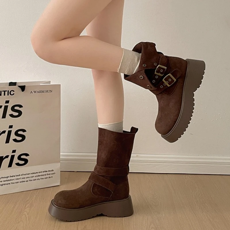 

Autumn Winter Slip On Women Knight Boots Fashion Belt Buckle Thick Heel Shoes Female Vintage Mid Calf Booties Zapatos De Muje