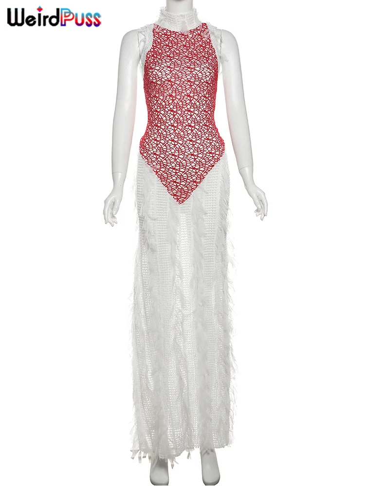 이상한 Puss 섹시 할로우 백리스 드레스 여성 세련된 짧은 Tassels 민소매 대비를 통해 볼 섹시한 생일 파티 Maxi Bodycon