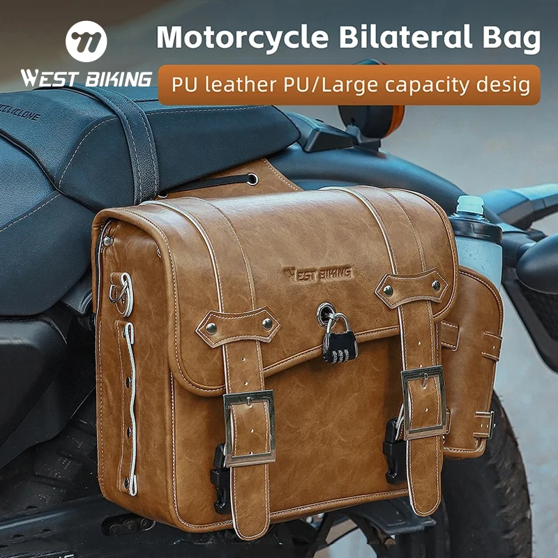 WEST BIKING Motorcycle Bilateral Bag Waterproof 16L PU Leather Saddle Bag With Password Lock Anti Theft Bike Rear Seat Side Bag