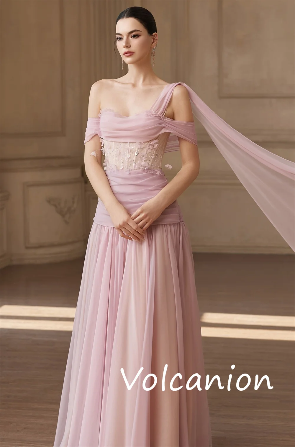 カスタマイズされたシンプルなファッションシフォンスパンコールプリーツAラインオフショルダーロングドレスオーダーメイド機会レトロ