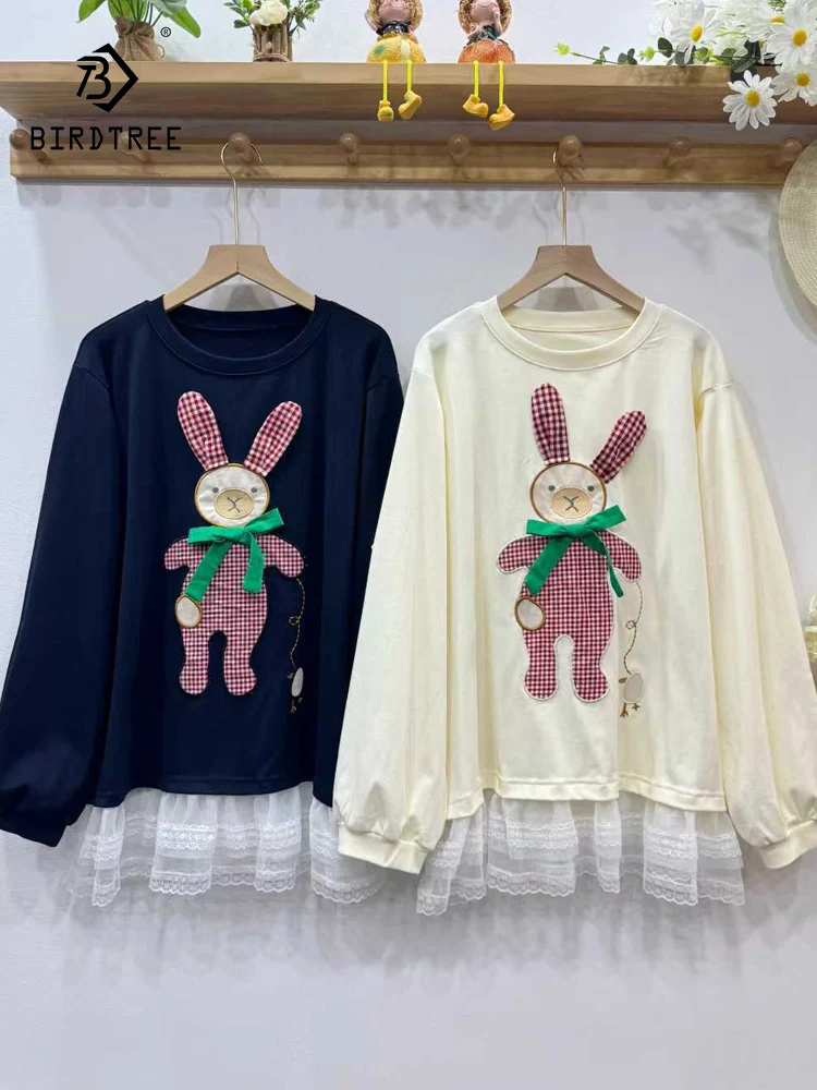 

Новинка 2026, весенний хлопковый женский свитшот, вышивка кролика с круглым вырезом, кружевной лоскутный свободный пуловер в стиле Mori Girl C5D821CC