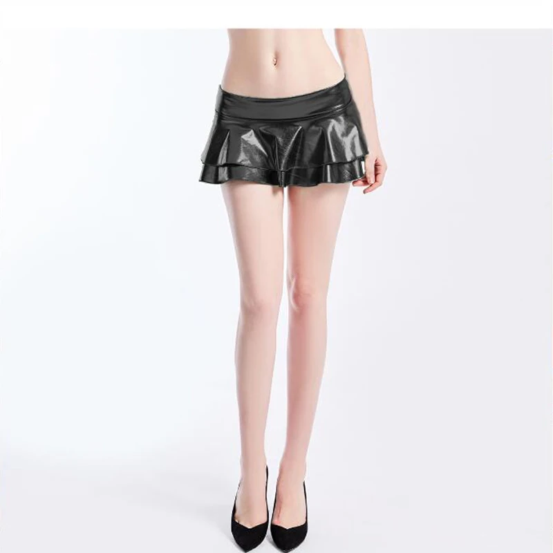 Women PU Faux Leather Solid Color Pleated Micro Mini Skirt High Waist Sexy Short Skirts Party Clubwear Costume Lingerie