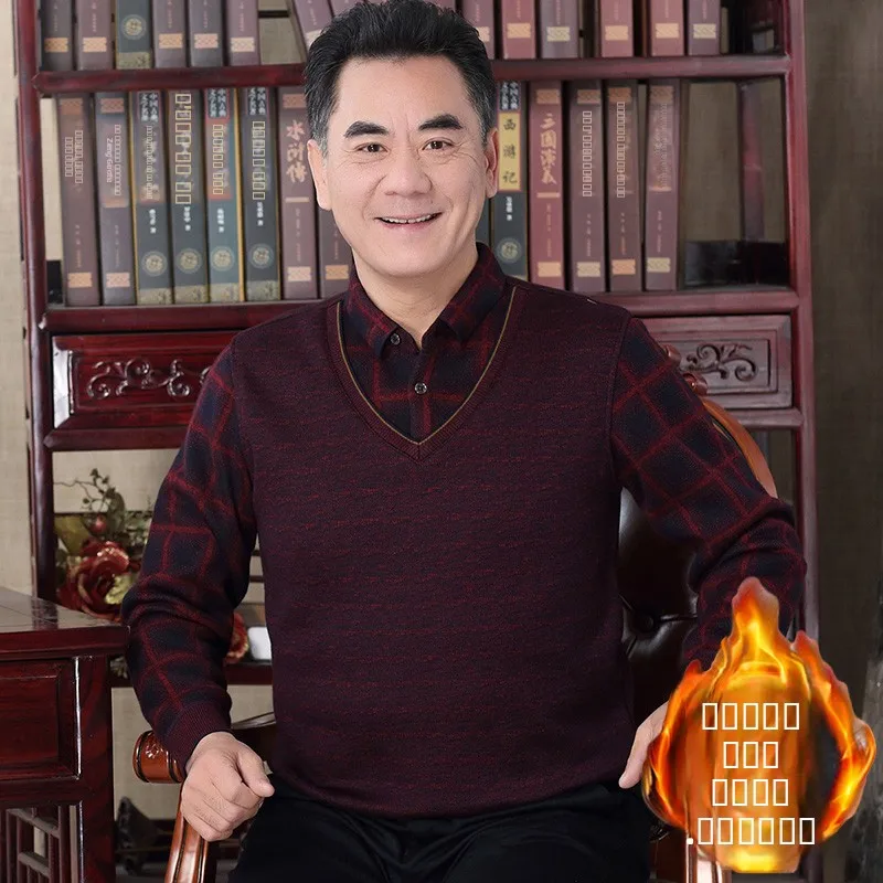 

Теплый вязаный свитер Thiened Fce для мужчин среднего возраста, деловая повседневная футболка с длинным воротником Sve irt, зимняя одежда