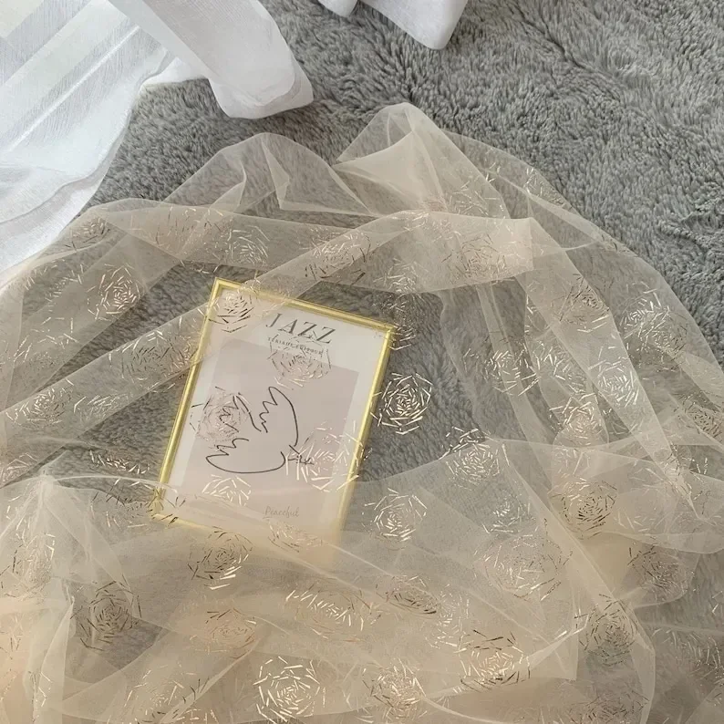 Gold rose flower lace fabric gold floral pattern apricot tulle Fabric For Girl Dress Tutu Dress Wedding Dress Bridal Veil 1 Yard