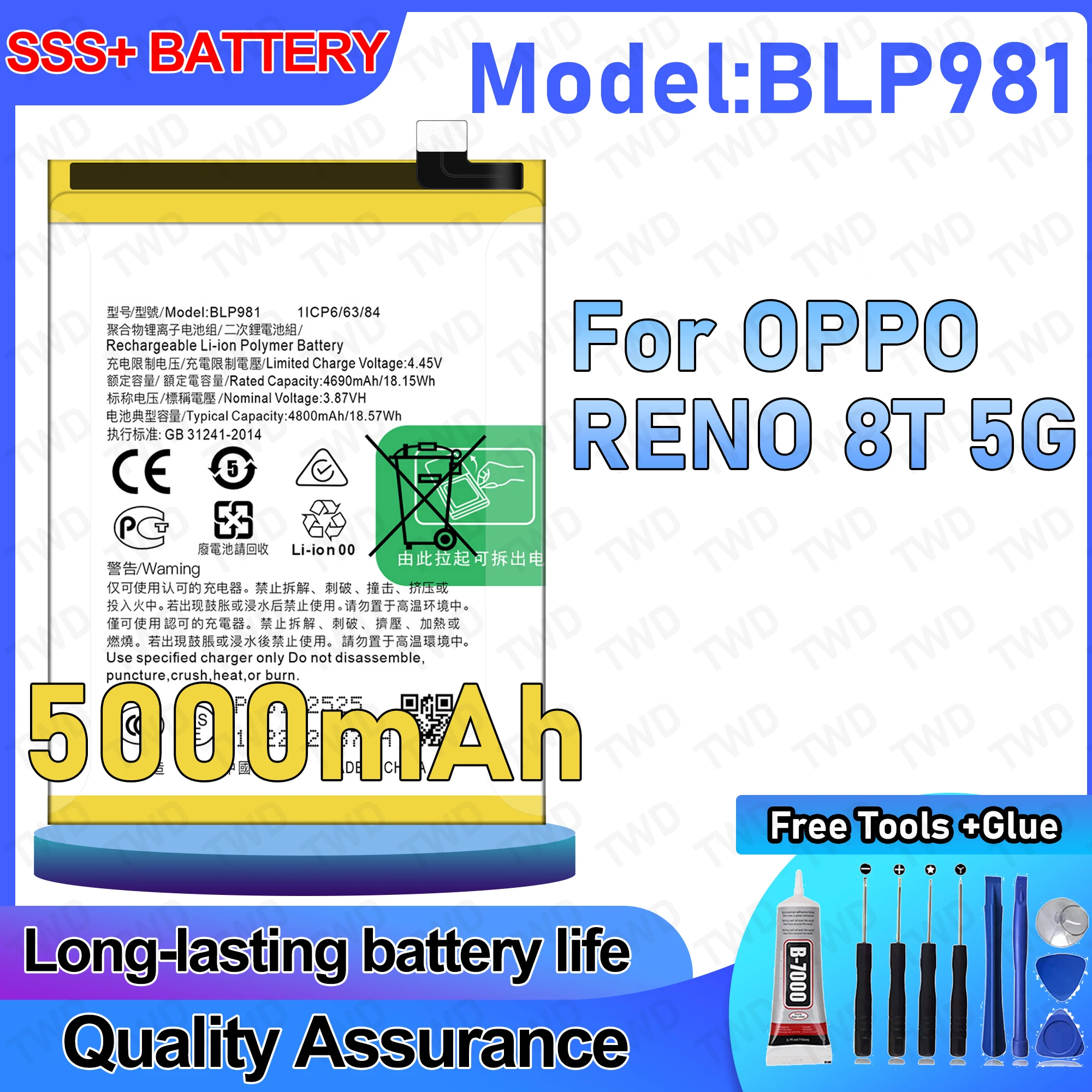 

BLP981 Large capacity 5000mAh Battery For OPPO RENO 8T 5G Batteries New High Quanlity+Free Tools