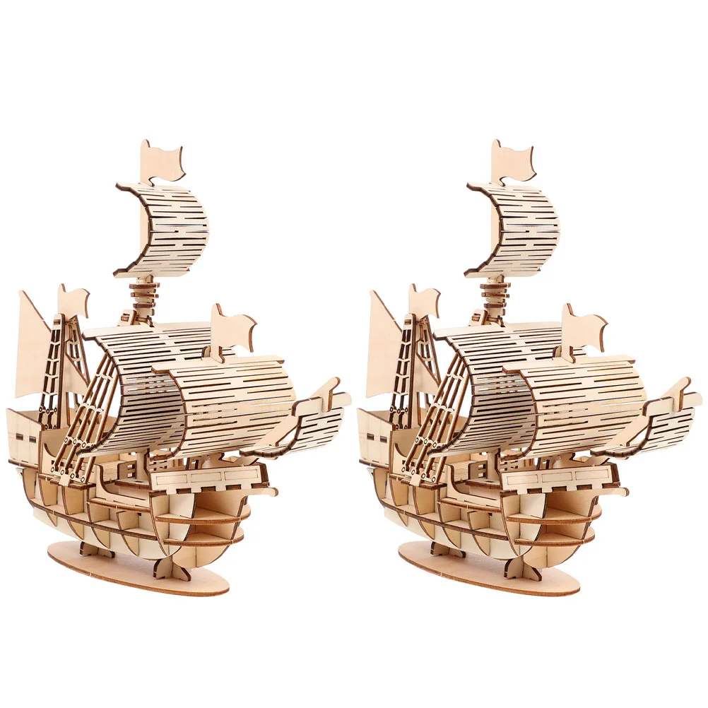 2 Sets Wooden Three-dimensional Diorama Parent-child Puzzles 3d Building Blocks Model Sailboat Assembly Kits for Adults