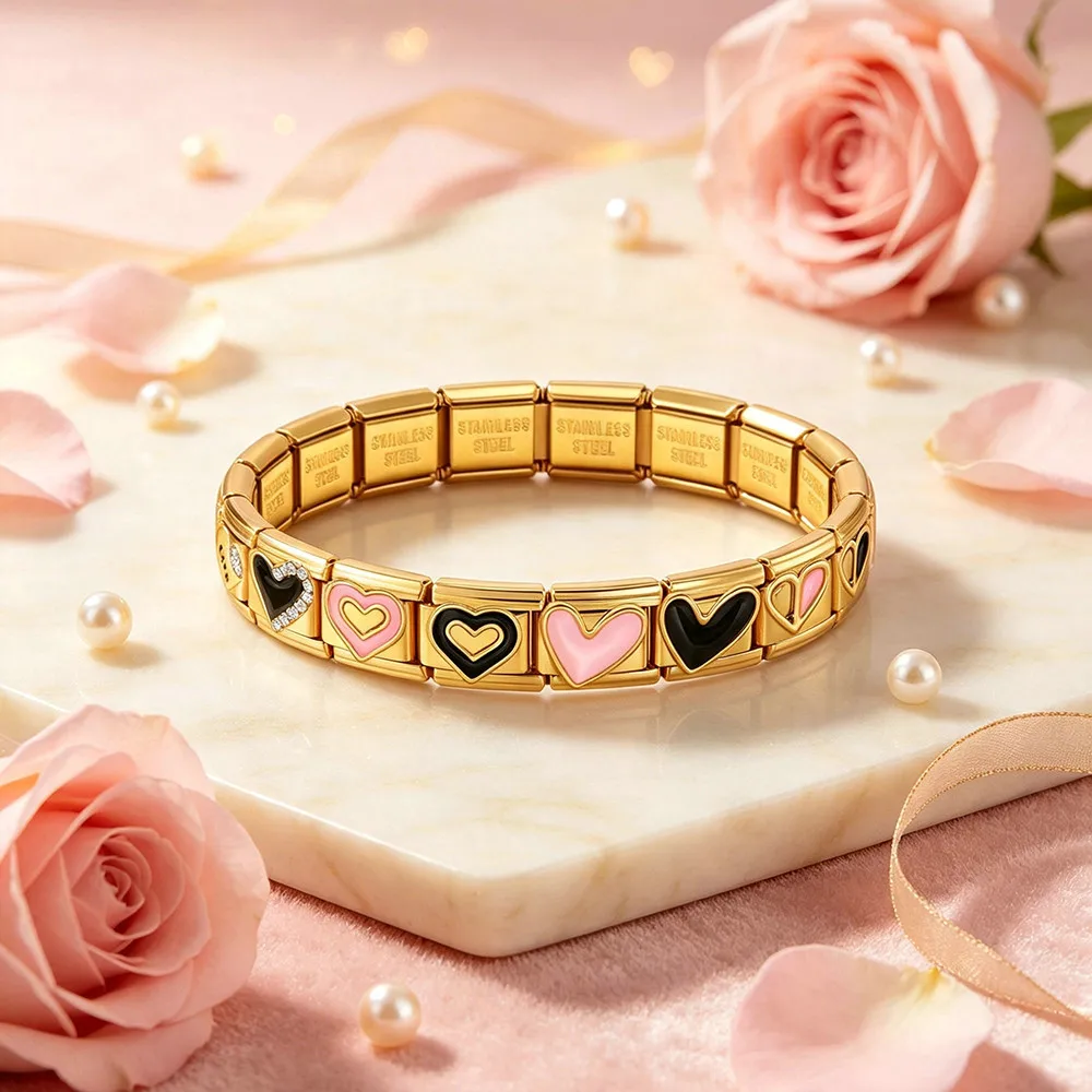 1 Stück Trendiges Goldfarbenes Rosa Herz-Schleifen-Regenschirm Italienisches Charm-Armband 9mm Edelstahl DIY Paar-Schmuckherstellung – Detail 2