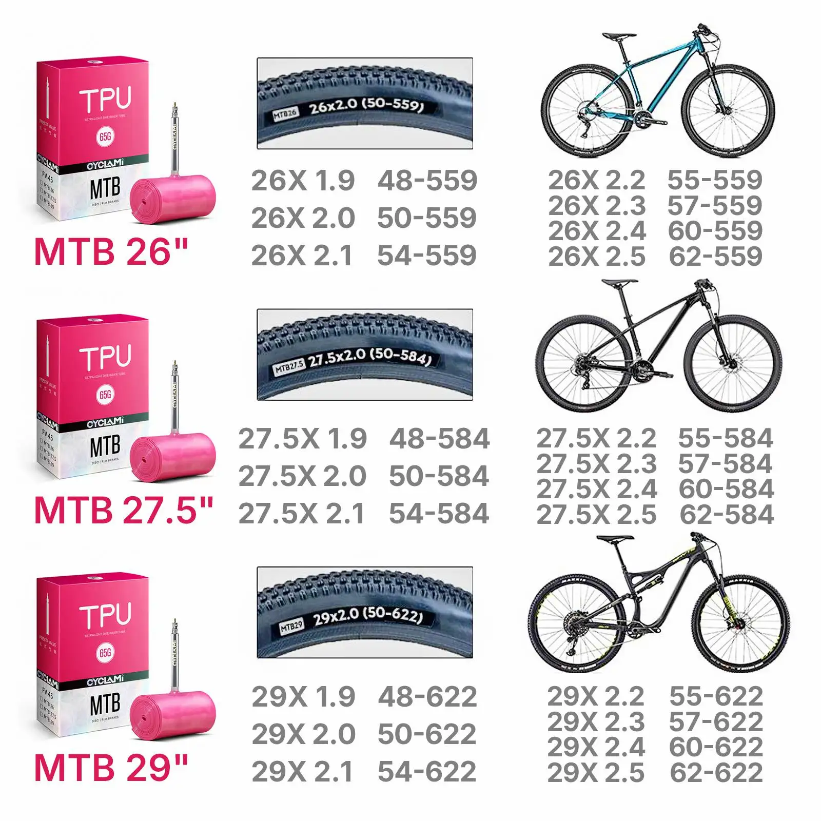 CYCLAMI Ultraleichter Fahrradschlauch MTB 26 27,5 29 Zoll Fahrrad TPU-Reifen 45mm Metall Französisches Presta-Ventil Superleicht für 1,9~2,5 – Detail 1
