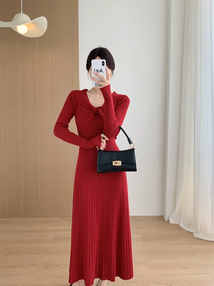 French Style Knitted Dress For Women, Autumn And Winter Socialite, Gentle And Elegant Style, Wearing Two Unique Base Dresses