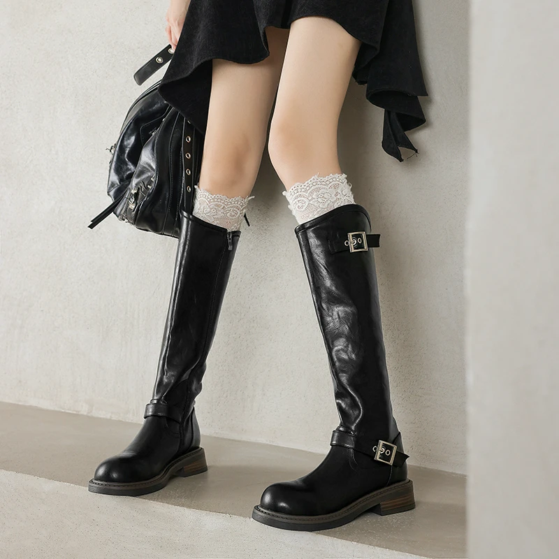 

Round Toe Square Chunky Med Heels Brown Black Western Cowboy Knee-high Boots Gothic Punk Buckle Belt Zip Up Ladies Shoes Warm