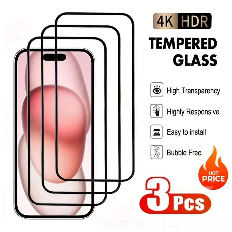 

3PCS Tempered Glass for IPhone 17 16 15 14 13 12 11 Pro Max Screen Protector for IPhone 14 15 16 Plus 13Mini XR XS Max 16E Glass