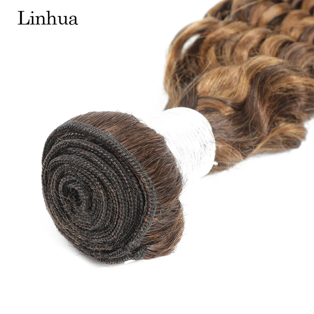 Linhua-mechones de cabello humano ondulado profundo P4/27, 8 a 30 pulgadas, 1, 3, 4 mechones, resalte, Marrón degradado, rubio miel, tejido de cabello rizado, trama