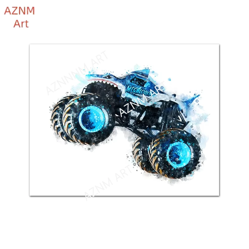Impresión artística en acuarela de Monster Trucks, decoración para habitación de niños, pintura en lienzo, póster de Grave Digger Megalodon, decoración de pared para guardería