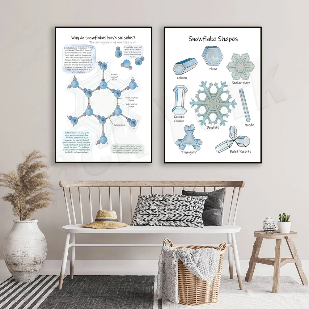 Snowflake types: Snowflake shape, why do snowflakes have six sides? Chemistry lecture notes, water molecule, science class poste