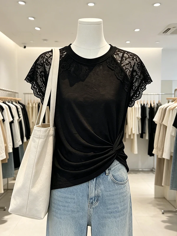 

Black Lace Trim Short Sleeve T-Shirt Women's Summer Fashionable Age-Defying Slimming Design Large Size Korean Style Top