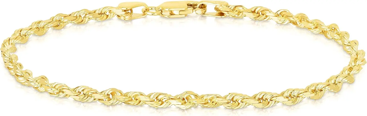 

10k Yellow Gold 2mm Solid Rope Chain Diamond Cut Bracelet or Anklet