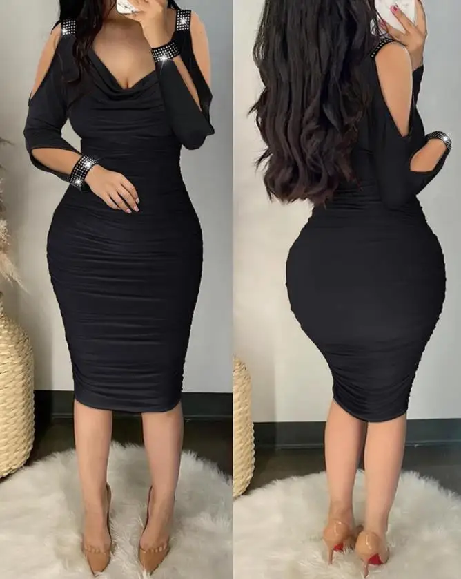 

Women's Summer Dress V-Neck Sexy Shoulder Hollowed Out Rhinestone Decoration Cold Shoulder Pleated Tight Fitting Dress