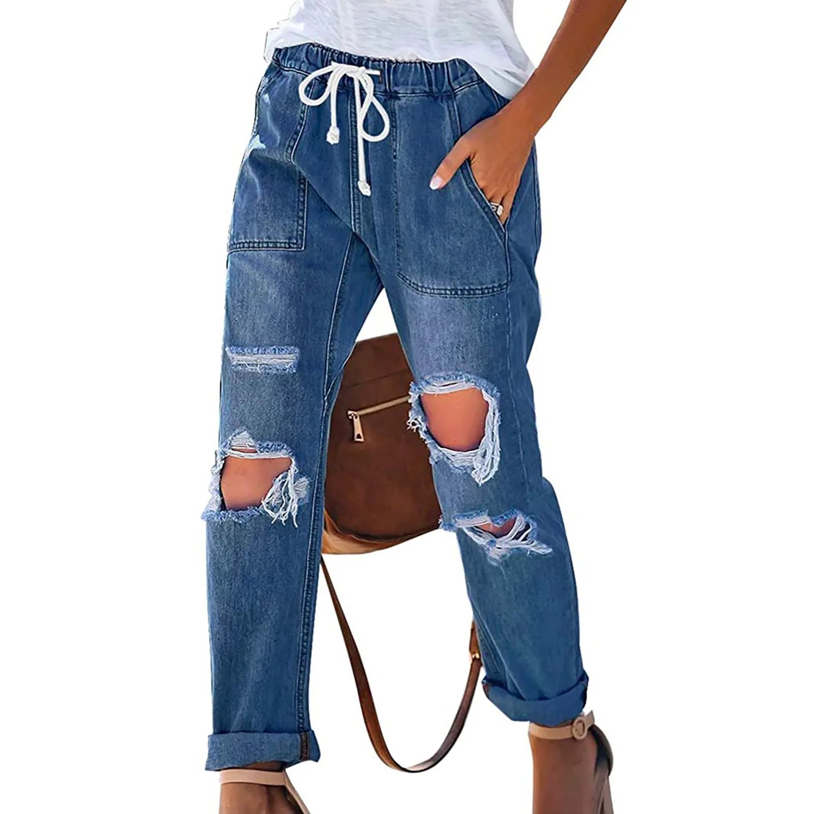 New Fashionable Ripped Denim Trousers Versatile Elastic Waist Drawstring Style Casual Loose And Comfortable Trousers Women Jeans