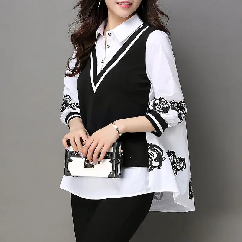 Fashion Loose 3/4 Sleeve Pullovers Ladies Office Lady Turn-down Collar Tops 2023 New Patchwork T-Shirts Buttons Women\'s Clothing