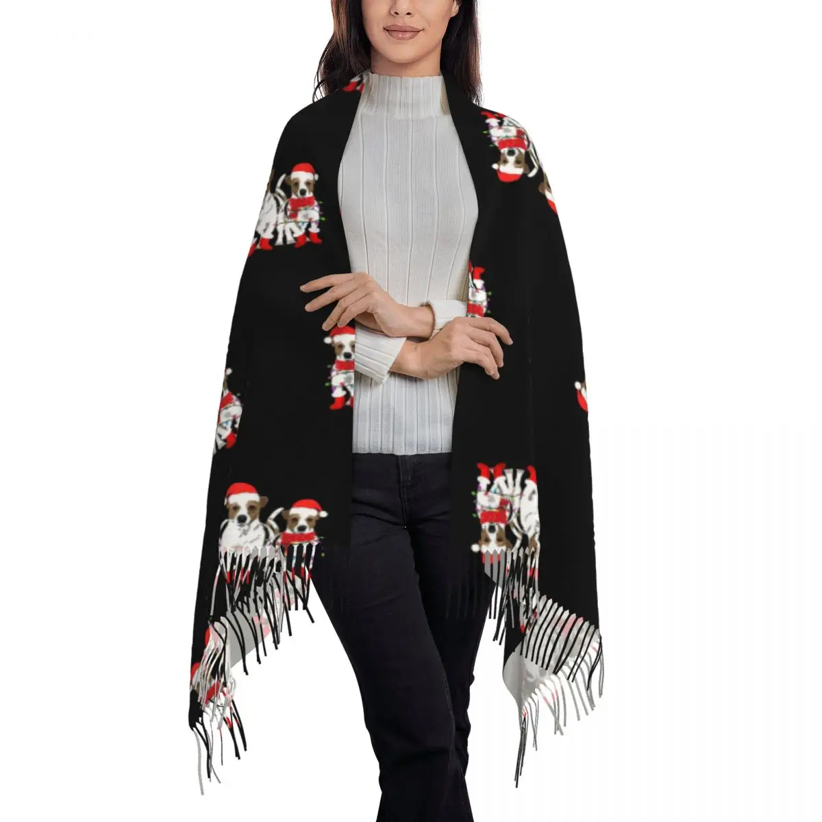 Jack Russell Christmas Santa Dogs Scarf Tassel Scarves for Women Soft Warm Shawls and Wraps Long Fall Winter Shawl Wrap