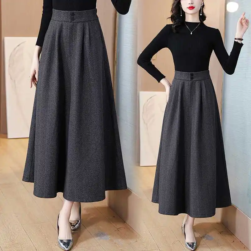 Winter Thicken Woollen Striped Vintage Maxi Skirt Korean Ladies High Waist Long A-Line Pleated Skirt