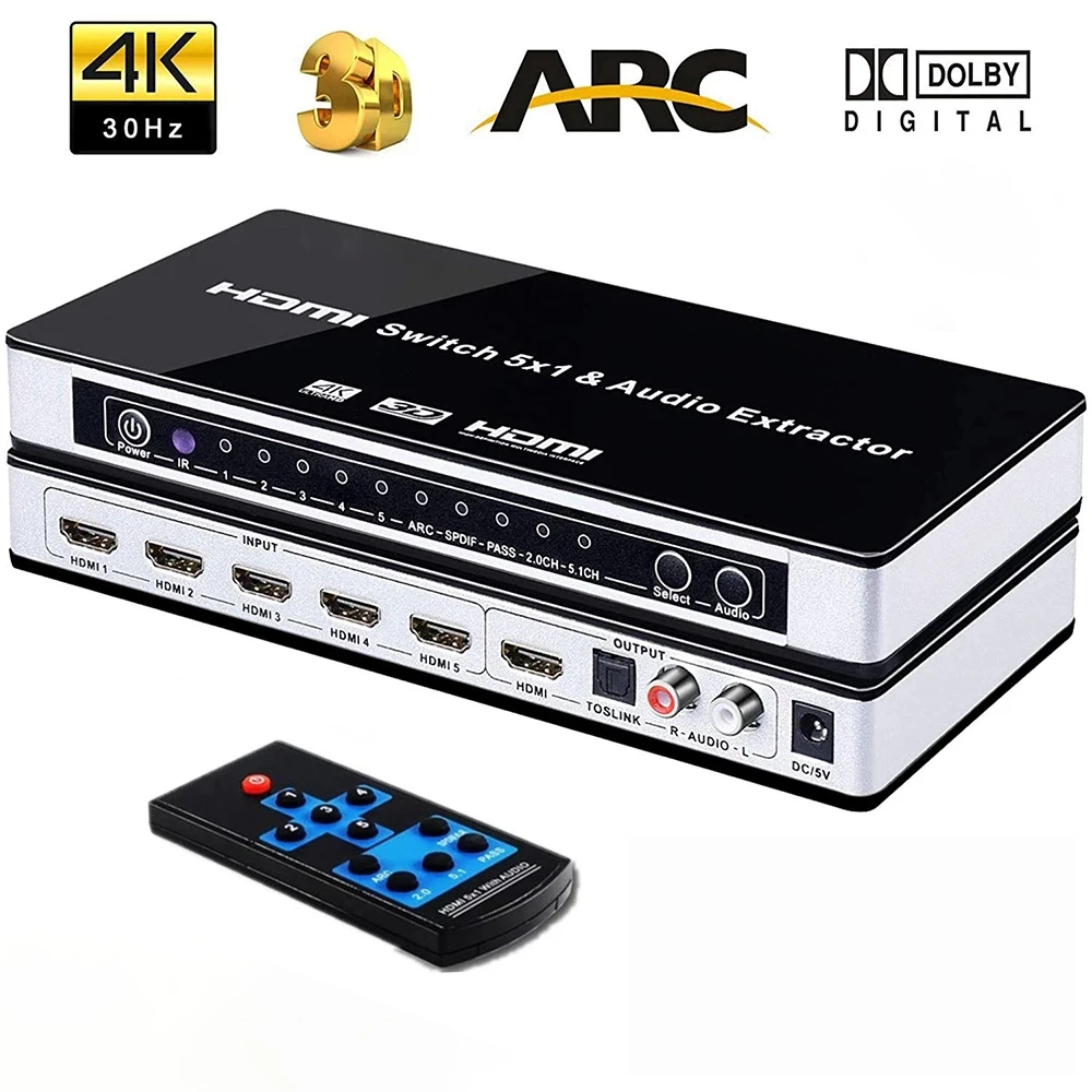 Pemilih sakelar Audio 5 in 1, HDMI Switch Audio ekstraktor 5 in 1 out 4K dengan optikal R/L Audio out ARC Audio ekstraktor dengan Remote IR