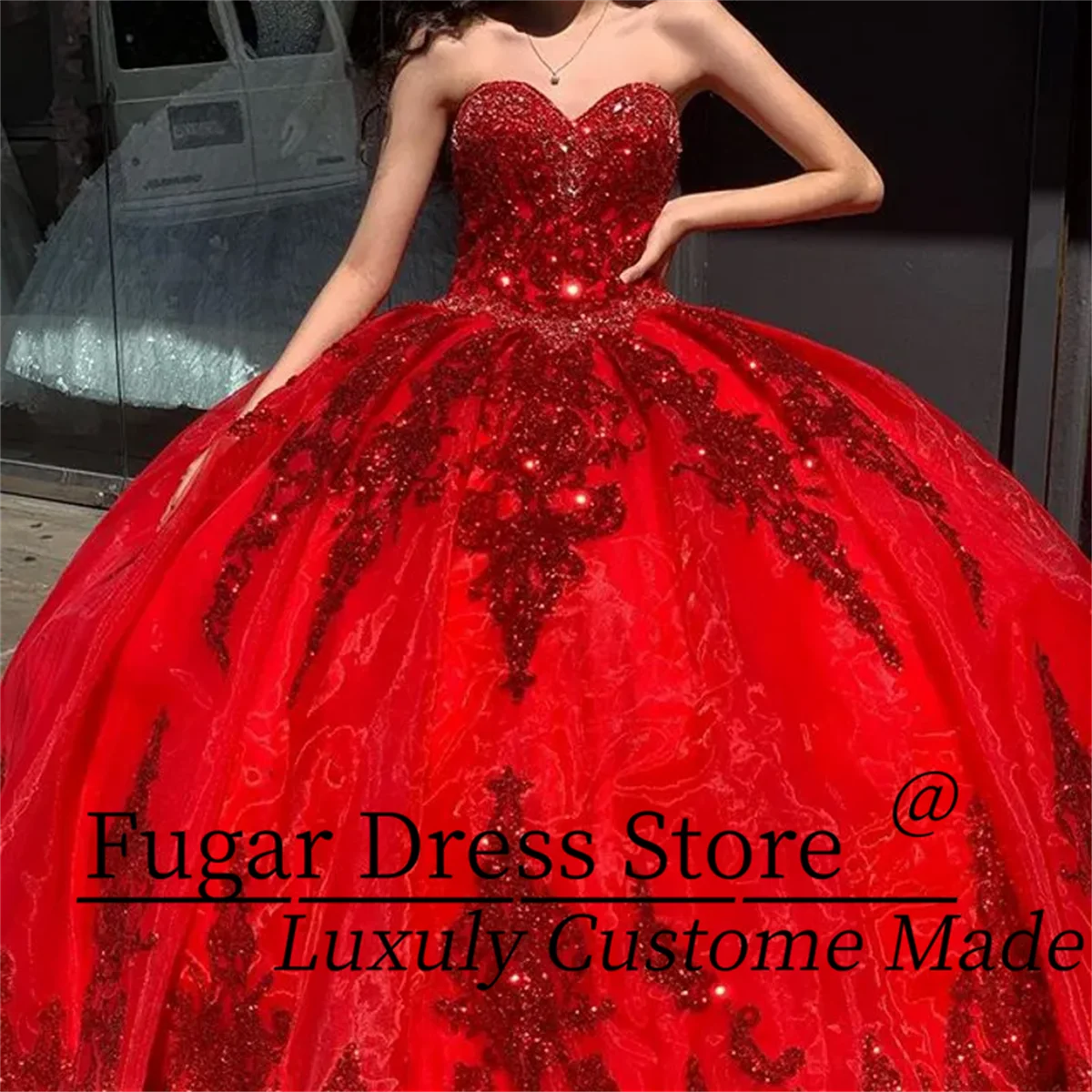 

Красное милое платье Quinceanera 16, блестящее кружевное пышное вечернее платье с блестками, бальное платье, мексиканское платье для девочек на день рождения, индивидуальный размер