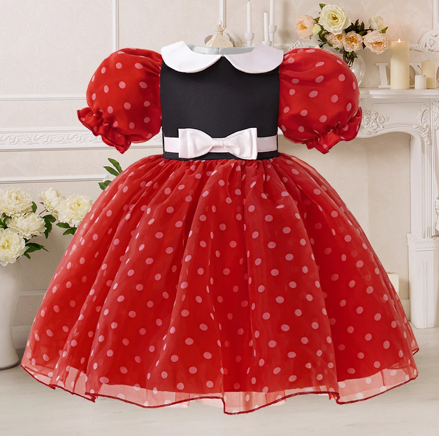 Girls Dot Princess Dresses Party Dress For Girl Kids Red Birthday Baptism Tutu Gown Children Baby Collar Clothes  Fashion Wear