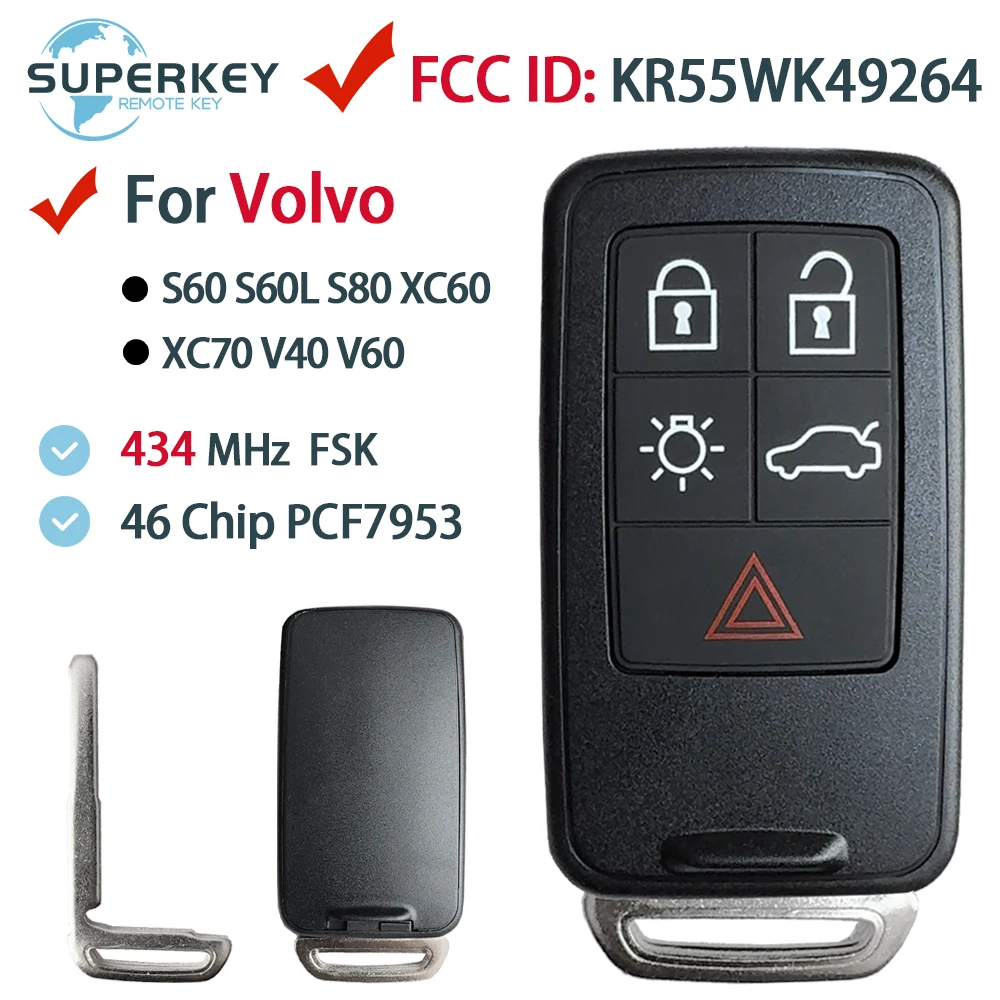 KR55WK49264 For Volvo S60 S60L S80 XC60 XC70 V40 V60 2011-2017 Remote Control Card Key ID46 PCF7953 433MHz Non-Keyless 5 Button