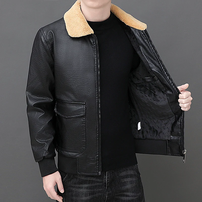 

Solid Zipper Design Leather Jacket Plus Size Bomber Coat Men's Leather Jacket Winter Fashion Warmth Thickened Leather Jacket