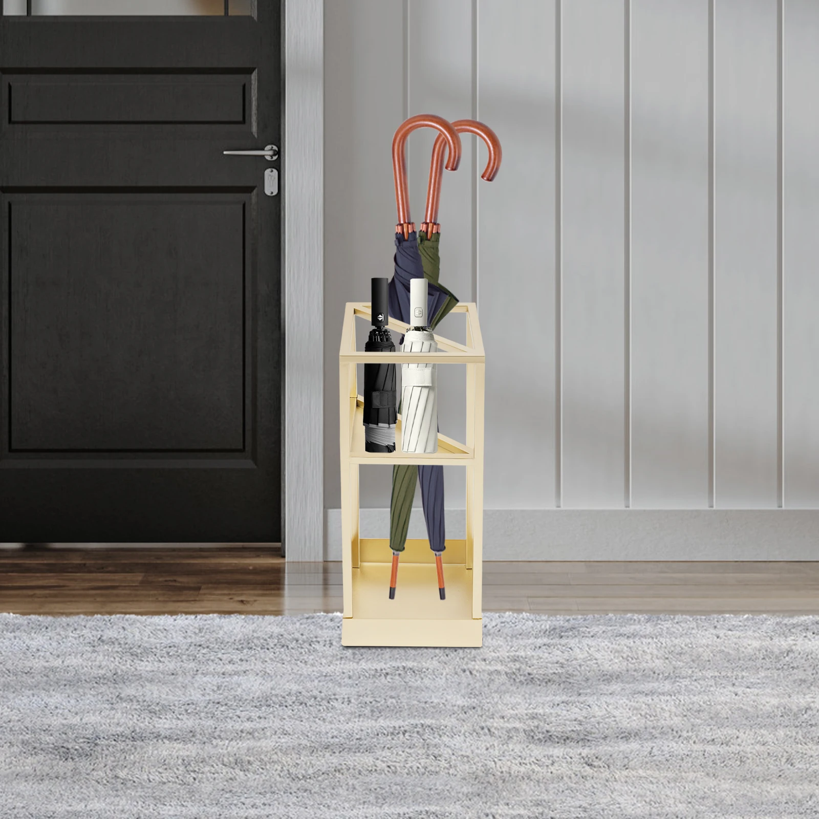 

Золотистая 2-уровневая железная подставка для зонтов, сварная, с напылением, устойчивая к ржавчине и ударам, долговечная для длительного использования.