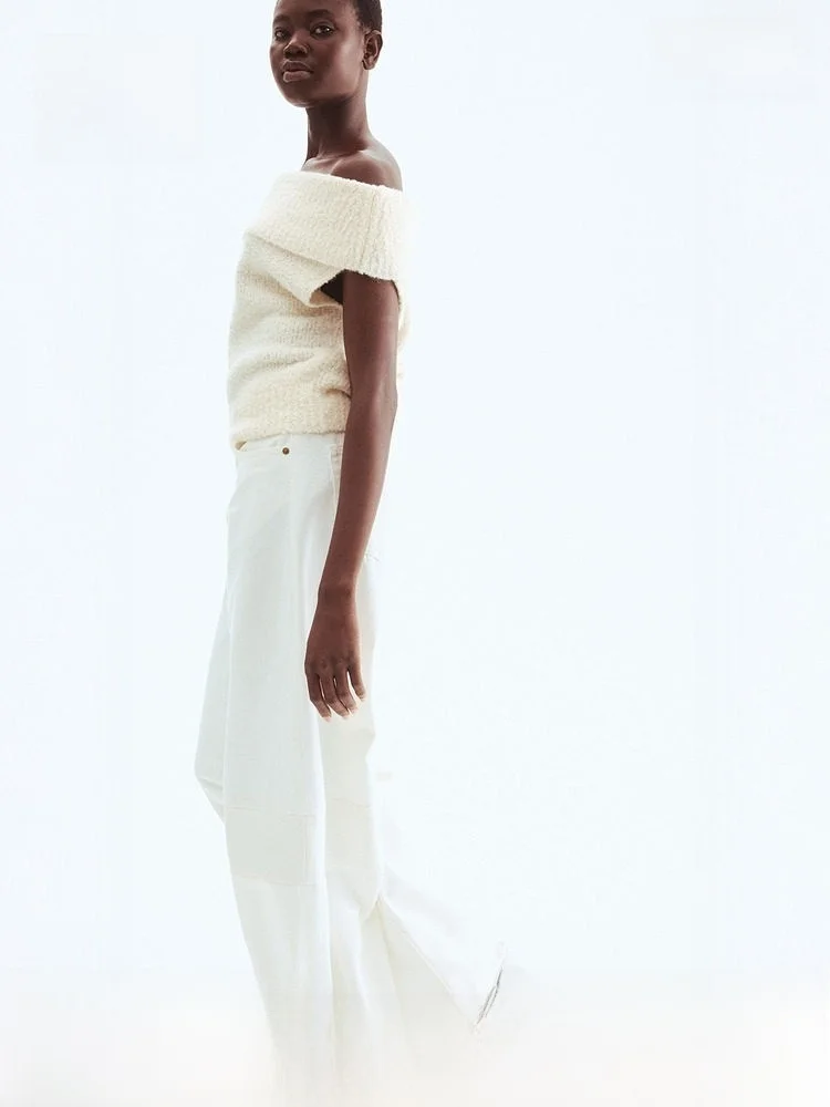 

Spring Faion Casual Versatile Knitted oulder Bared Top Women's Clothing H&M Soft Polyester Blend ort Length Youth