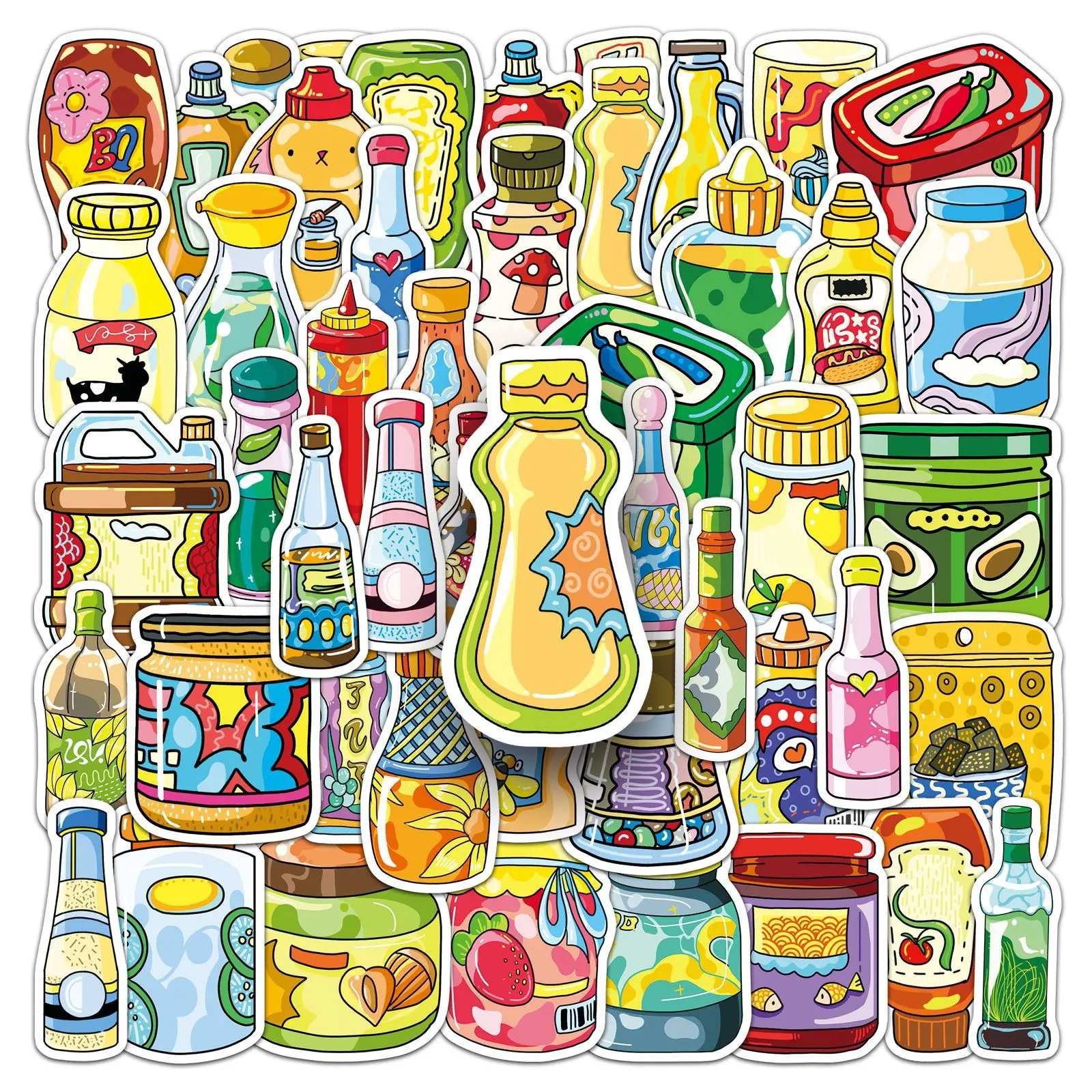 

50 Pcs Sauce Stickers Cartoon Creative Condiment Theme Waterproof For Wall Refrigerator Laptop Scrapbooking