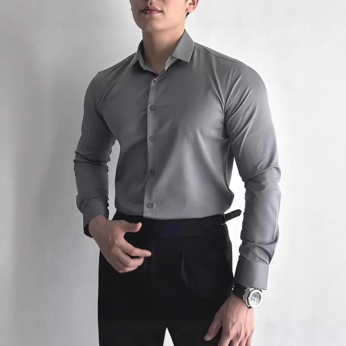 Summer Ice Silk Four-Way Stretch Wrinkle-Free Seamless Long Sleeve Shirt Men's Premium Casual Top