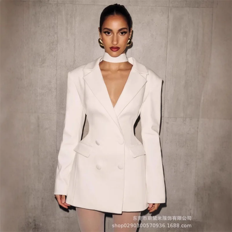 Long Scarf Women's Suit 1 Piece Blazer With Back Stripe Sexy V Neck Full Sleeves Formal Office Lady Jacket Cotton Party Coat