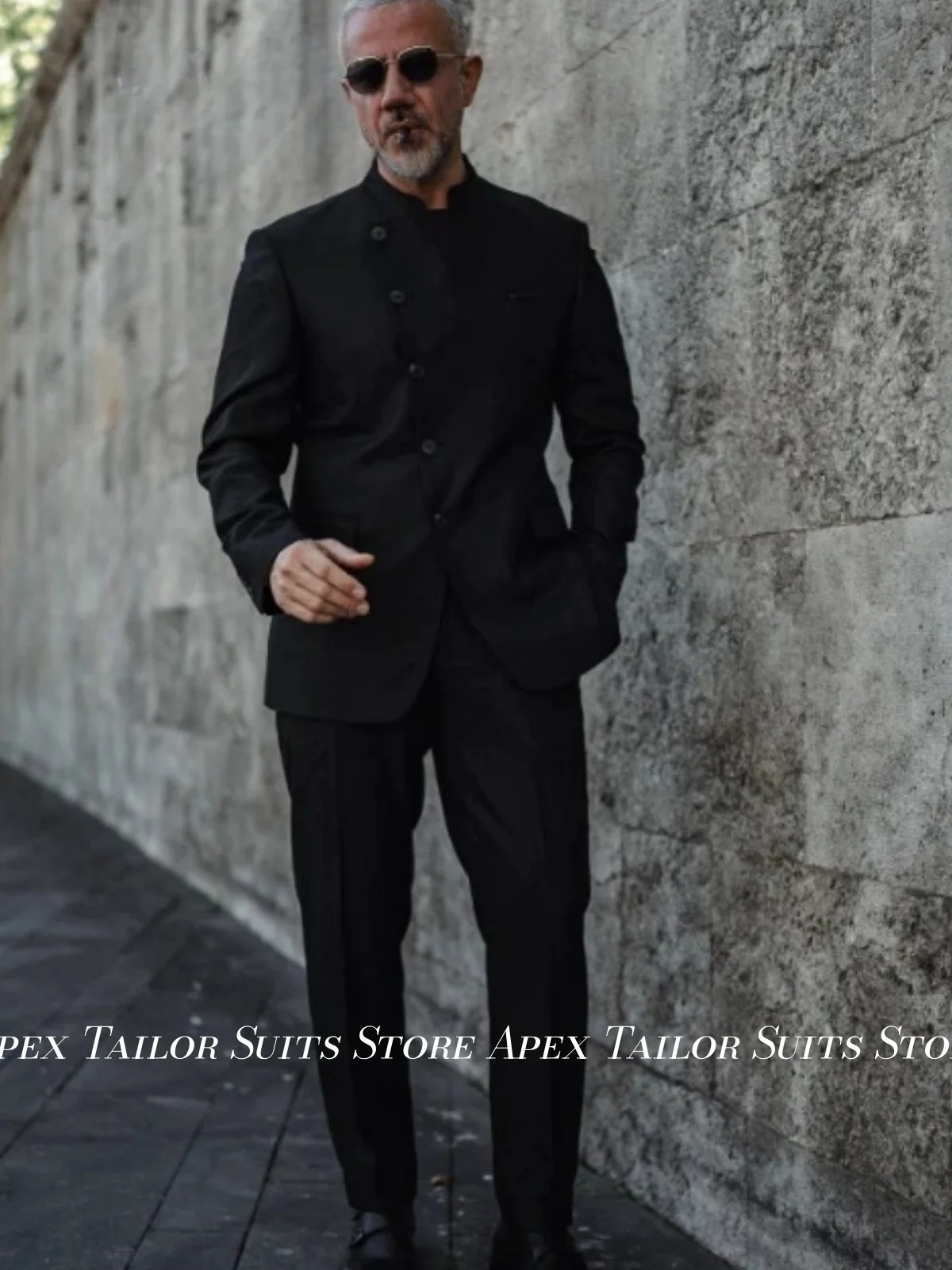 Men's Suit 2 Piece Set Black Mandarin Stand Collar Asymmetric Oblique Button Blazer Dress Pants Slim Fit Business Wedding Suits