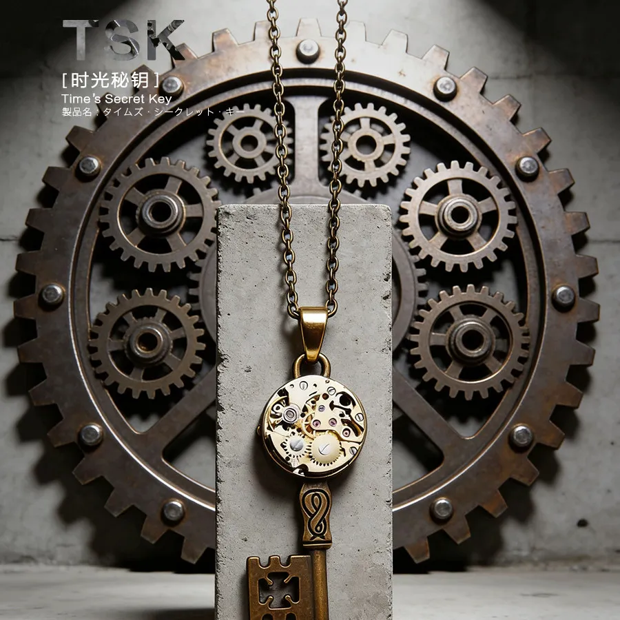 MOCHI Original Steam Core Key Handmade Necklace, Vintage Brass Watch Movement Gear Style Pendant