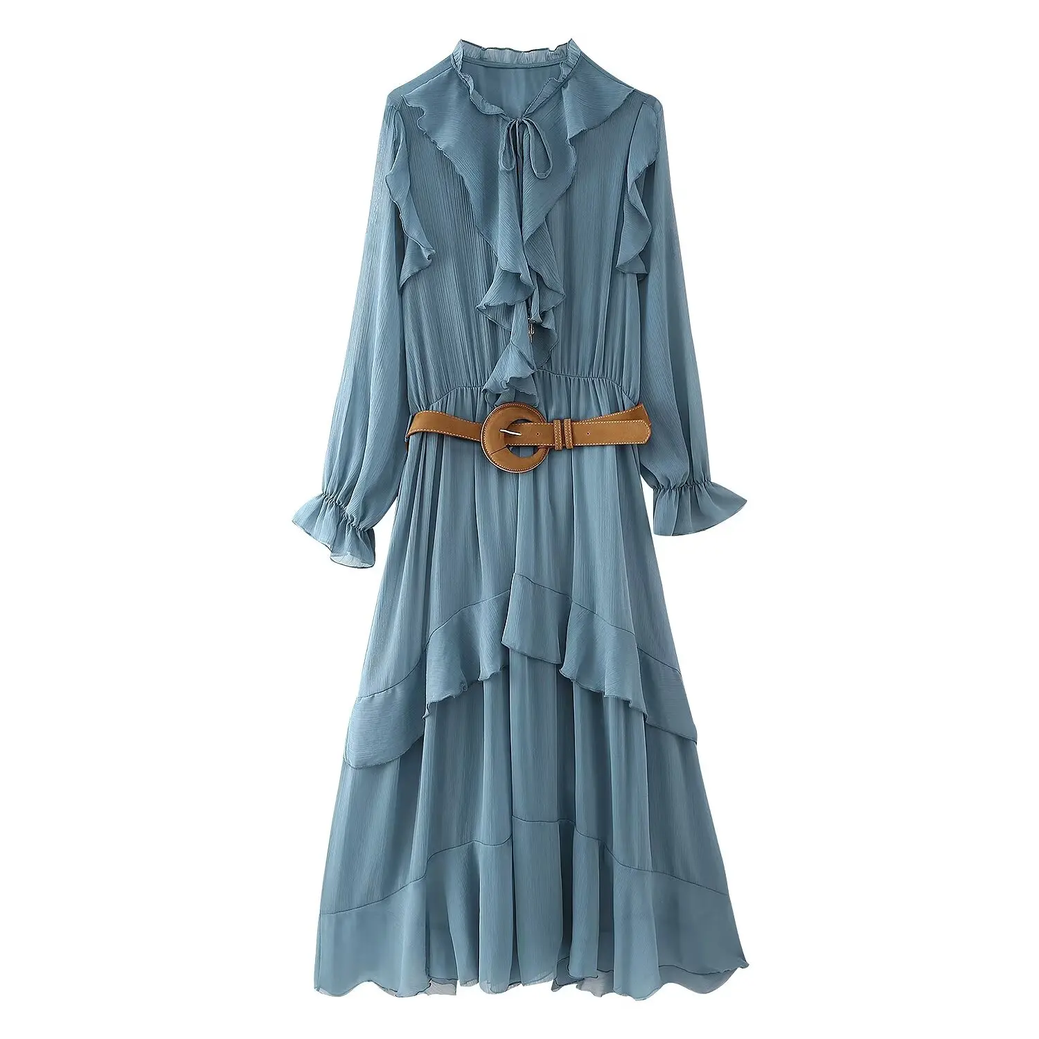 Tangada Women Ruffles Chiffon Dress With Belt 2025 Female Blue Long Dress 4Q065